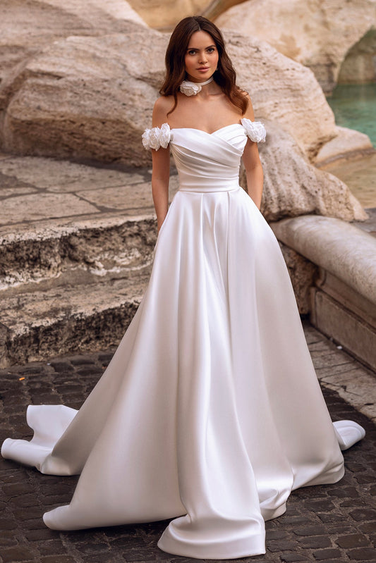 Off the shoulder satin wedding dress with pockets