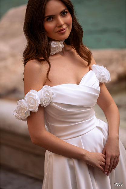 Off the shoulder satin wedding dress with pockets