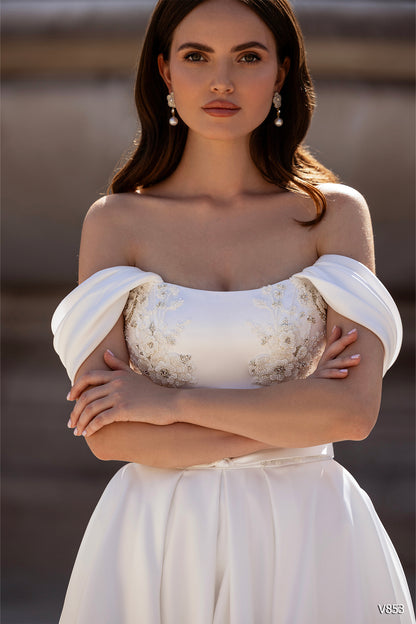 Satin off the shoulder wedding dress