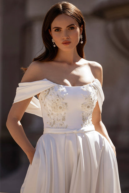Satin off the shoulder wedding dress
