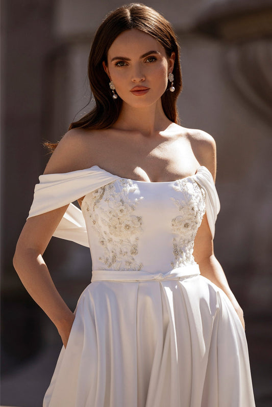 Satin off the shoulder wedding dress