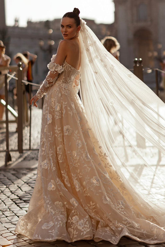 KatrinFAVORboutique-Floral embroidered wedding dress A line off the shoulder wedding gown