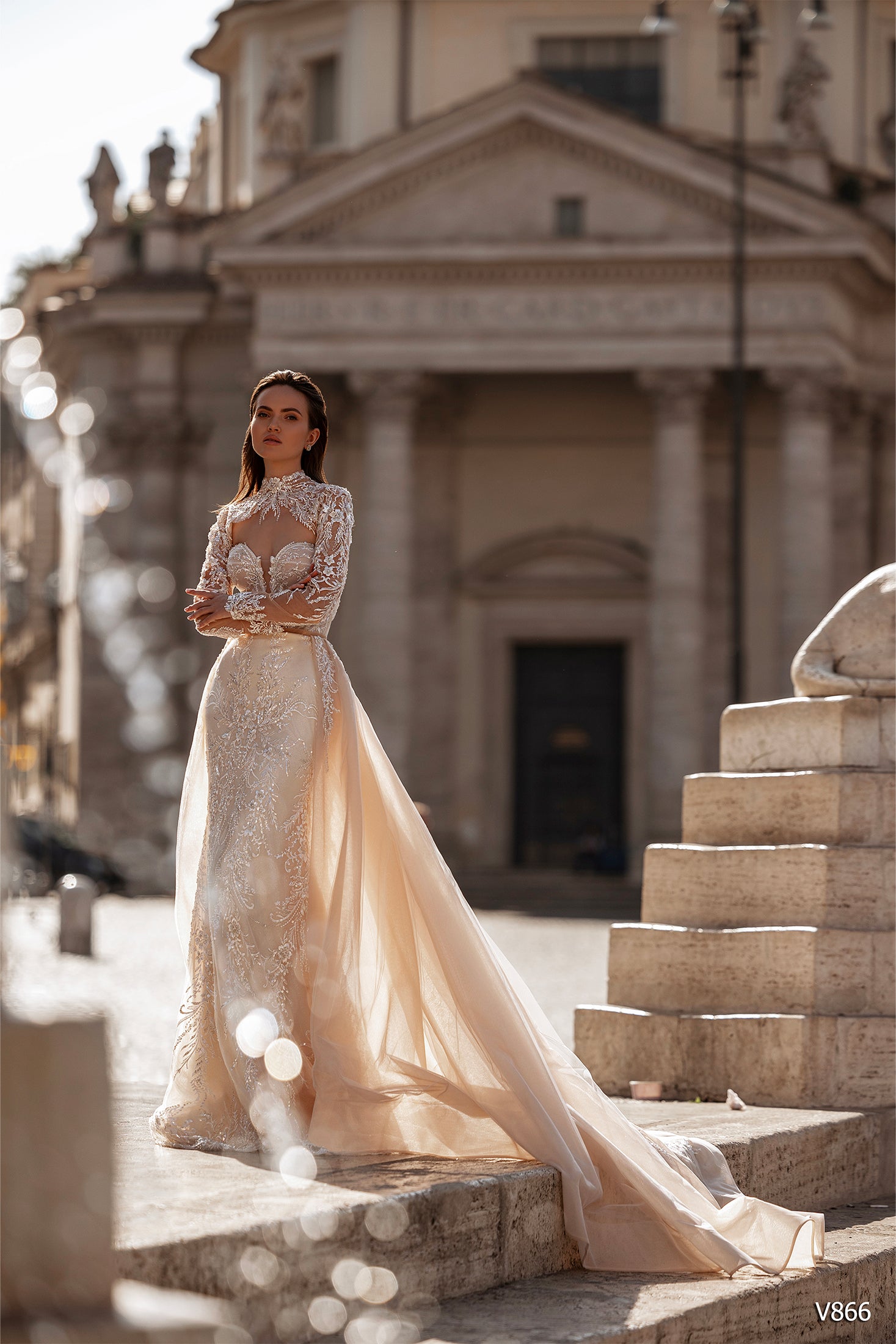 long sleeve lace two piece wedding dress Round Neck Two Piece Tulle Long Sleeves Lace Wedding Dress Custom Made / Pink