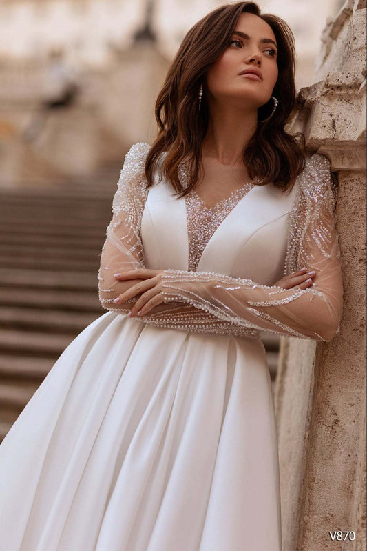 KatrinFAVORboutique-Satin gown wedding Sheer sleeve wedding dresses