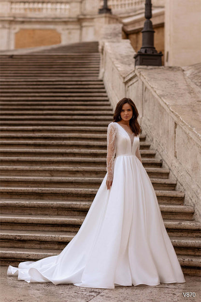 KatrinFAVORboutique-Satin gown wedding Sheer sleeve wedding dresses