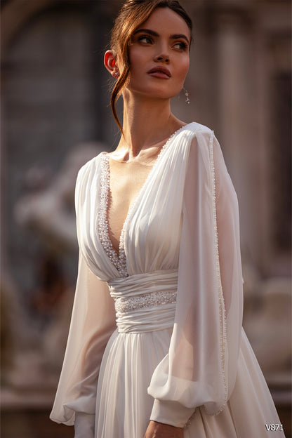 Chiffon wedding dress Long sleeve boho wedding gown