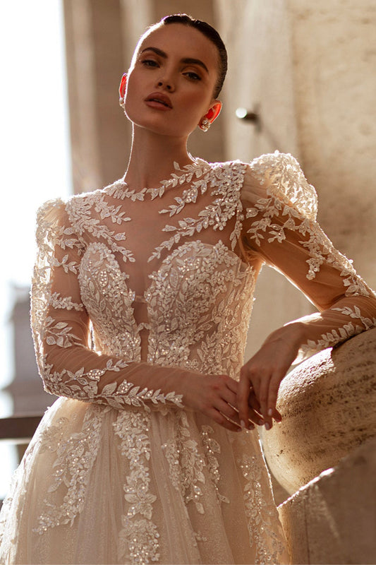 KatrinFAVORboutique-Blush dress for wedding Long sleeve a line wedding dress