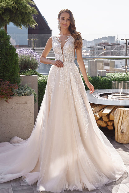 Blush tulle a-line beach wedding dress