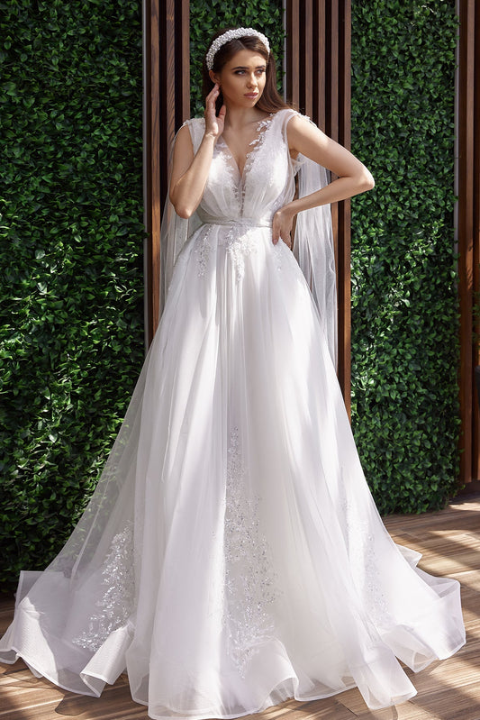2 in 1 tulle a line beach wedding dress