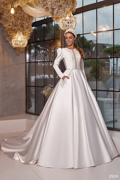 KatrinFAVORboutique-Ball gown wedding dress satin Long sleeve modest wedding gown