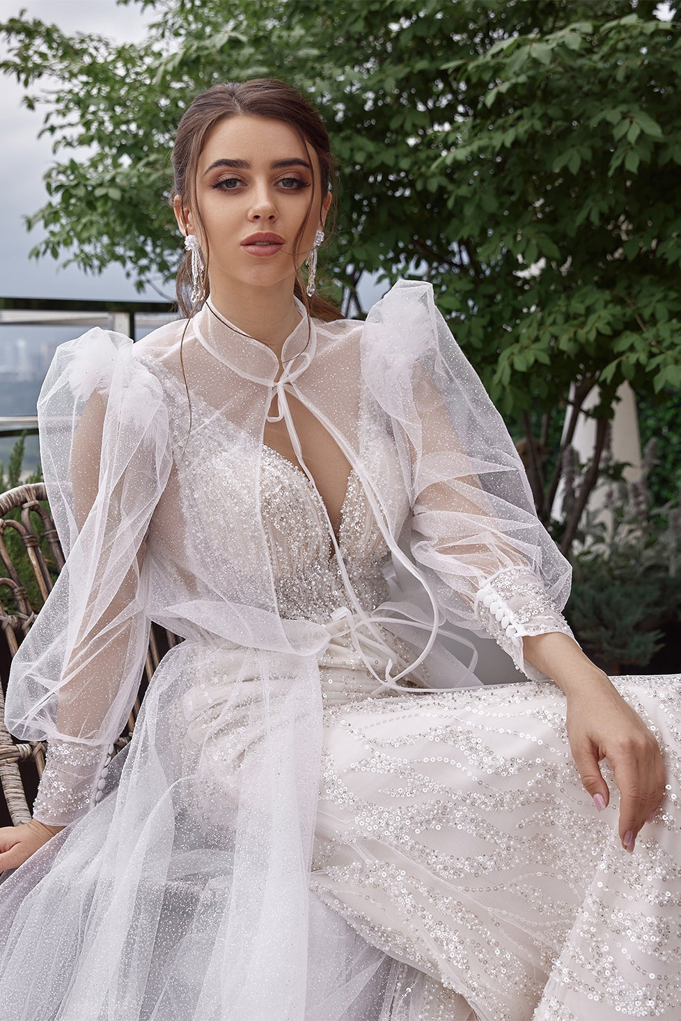 Two piece sparkle tulle robe wedding dress