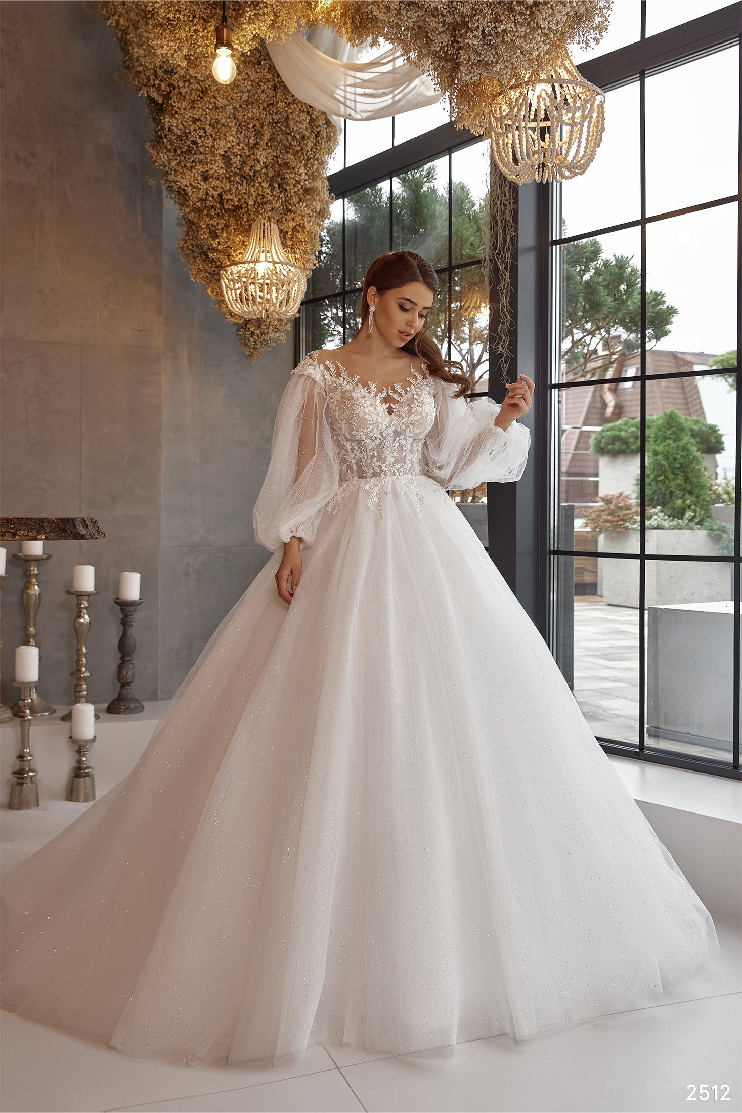 long balloon sleeve wedding dress Fit and flare wedding dress with long balloon sleeves