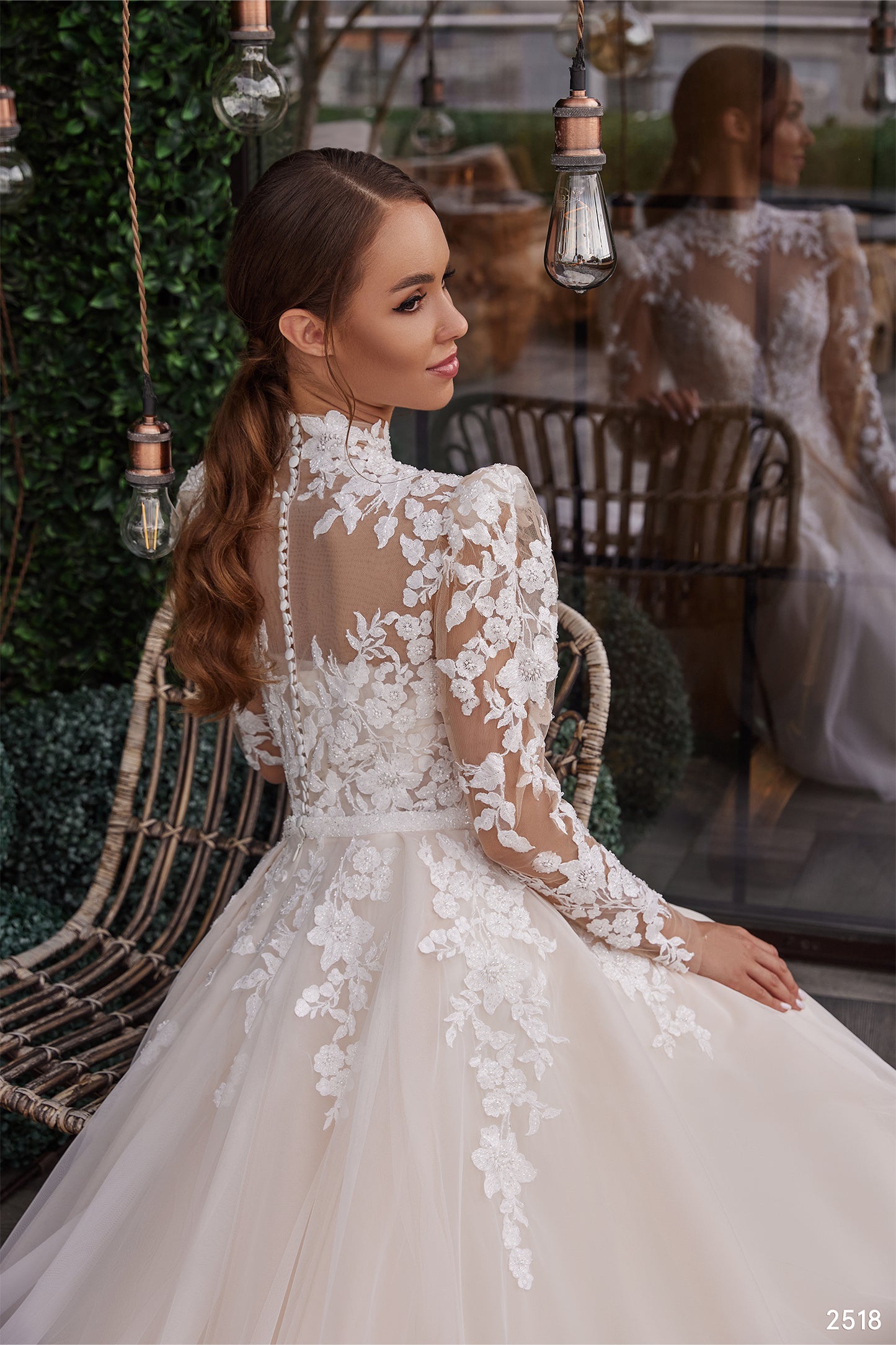 2 in 1 embroidered long sleeve blush wedding dress