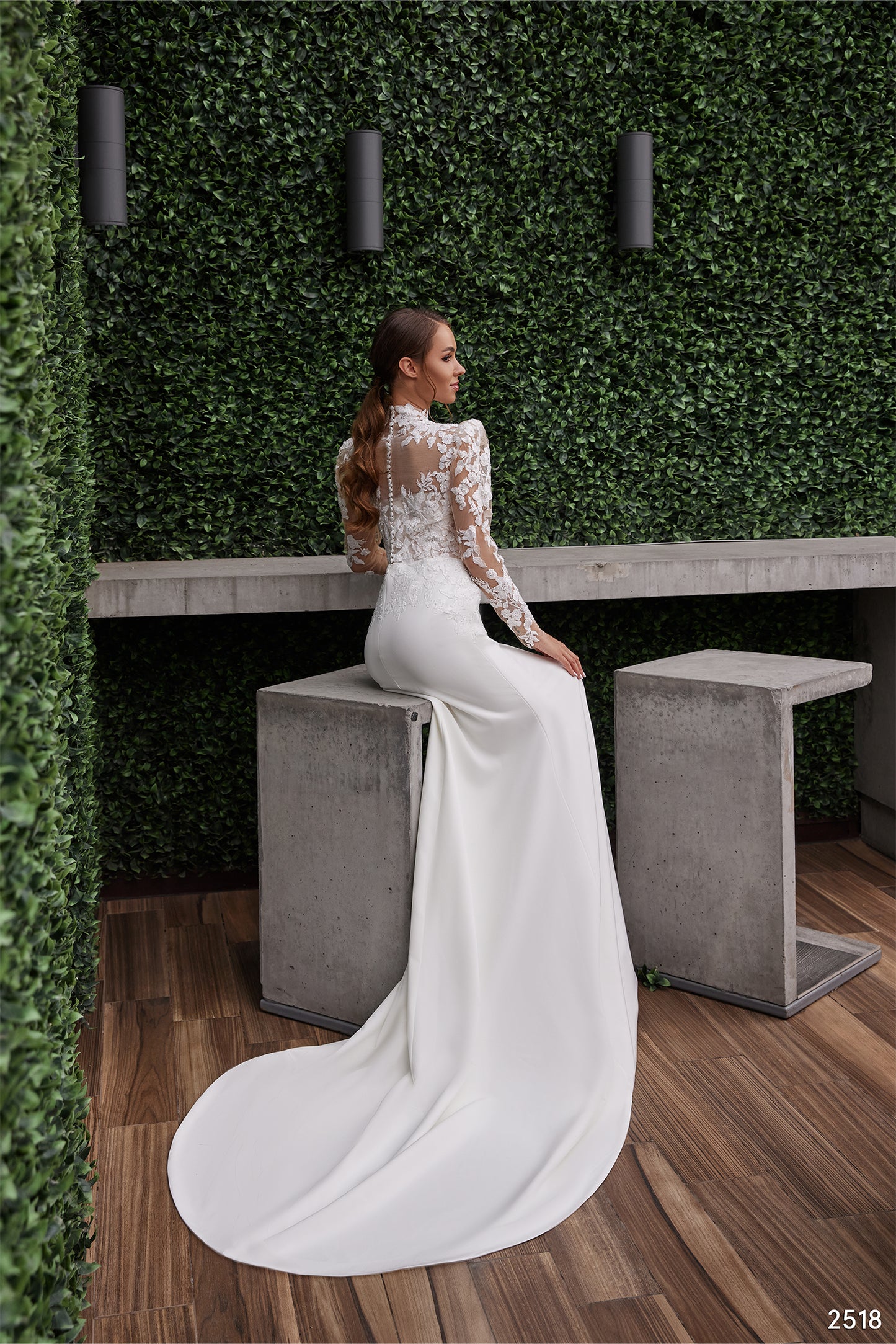 2 in 1 embroidered long sleeve blush wedding dress