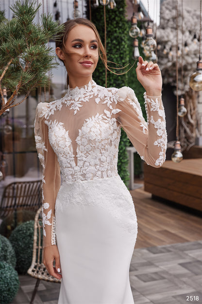 2 in 1 embroidered long sleeve blush wedding dress