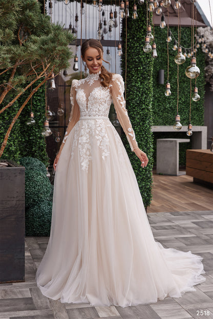 long sleeve lace blush wedding dress Long Sleeve Sheer Tulle Lace Wedding Dress
