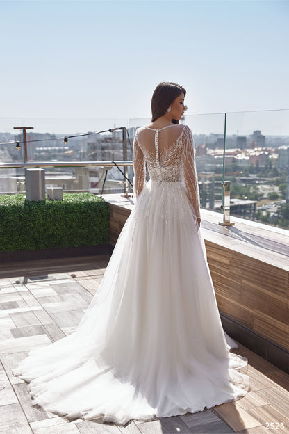 sheer long sleeve wedding dress Embroidered long sleeve rustic wedding dress 2 US / Off White