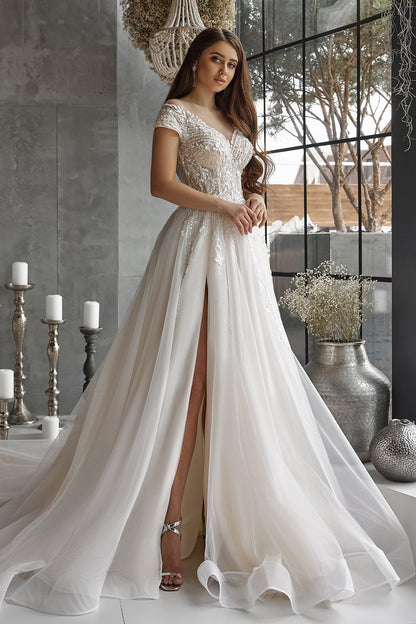 A-line tulle wedding gown with high slit