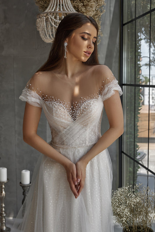 Off the shoulder beaded ethereal wedding dress