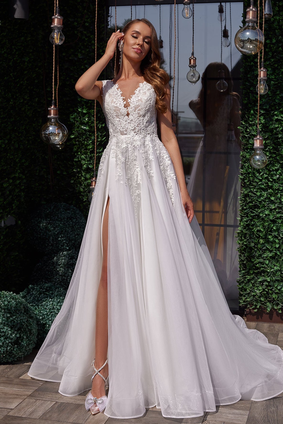 Embroidered A-line tulle wedding dress