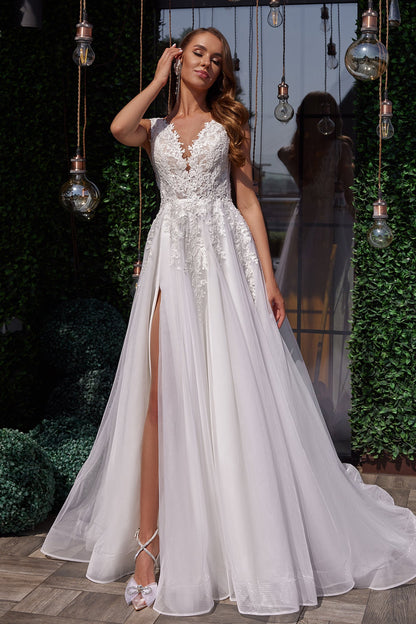 Embroidered A-line tulle wedding dress