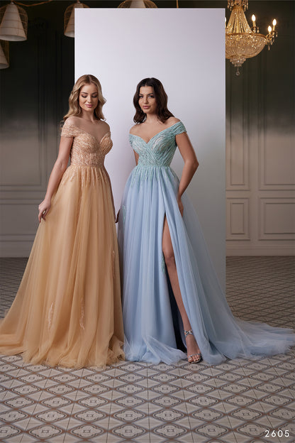 Off the shoulder a-line tulle evening gown