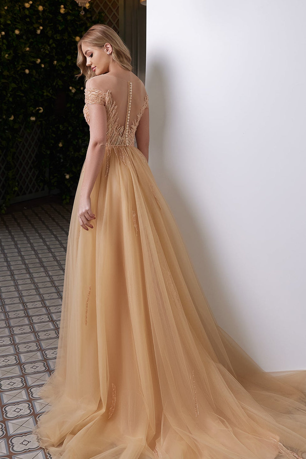 Off the shoulder a-line tulle evening gown