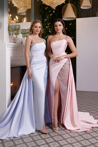 One shoulder satin fitted evening gown