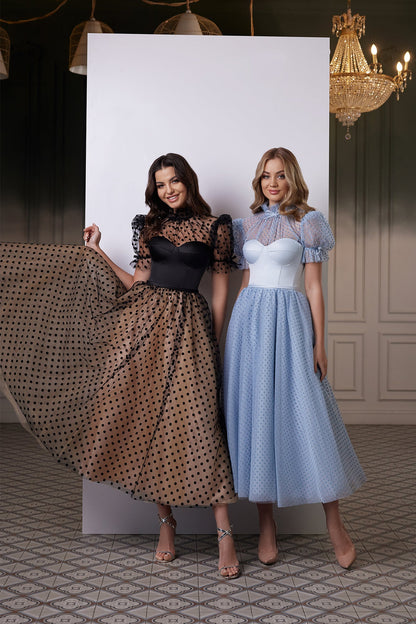 Swiss dot dress Cocktail dress midi Fit and flare dress