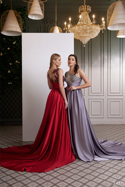 One shoulder illusion evening gown