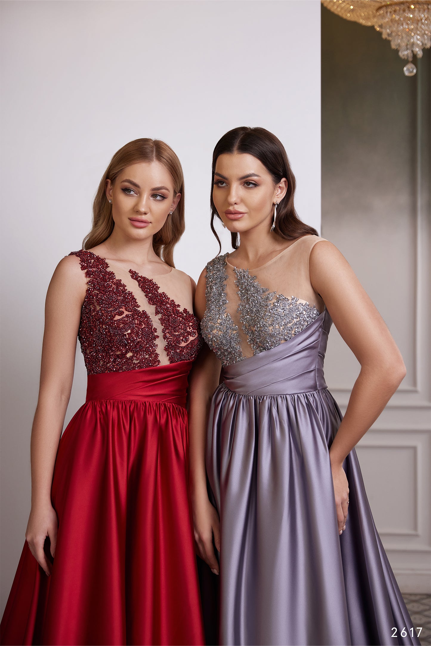 One shoulder illusion evening gown