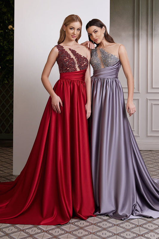 One shoulder illusion evening gown