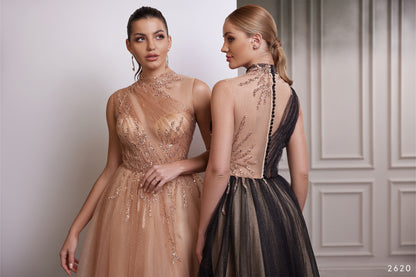 One shoulder illusion sparkle tulle evening gown