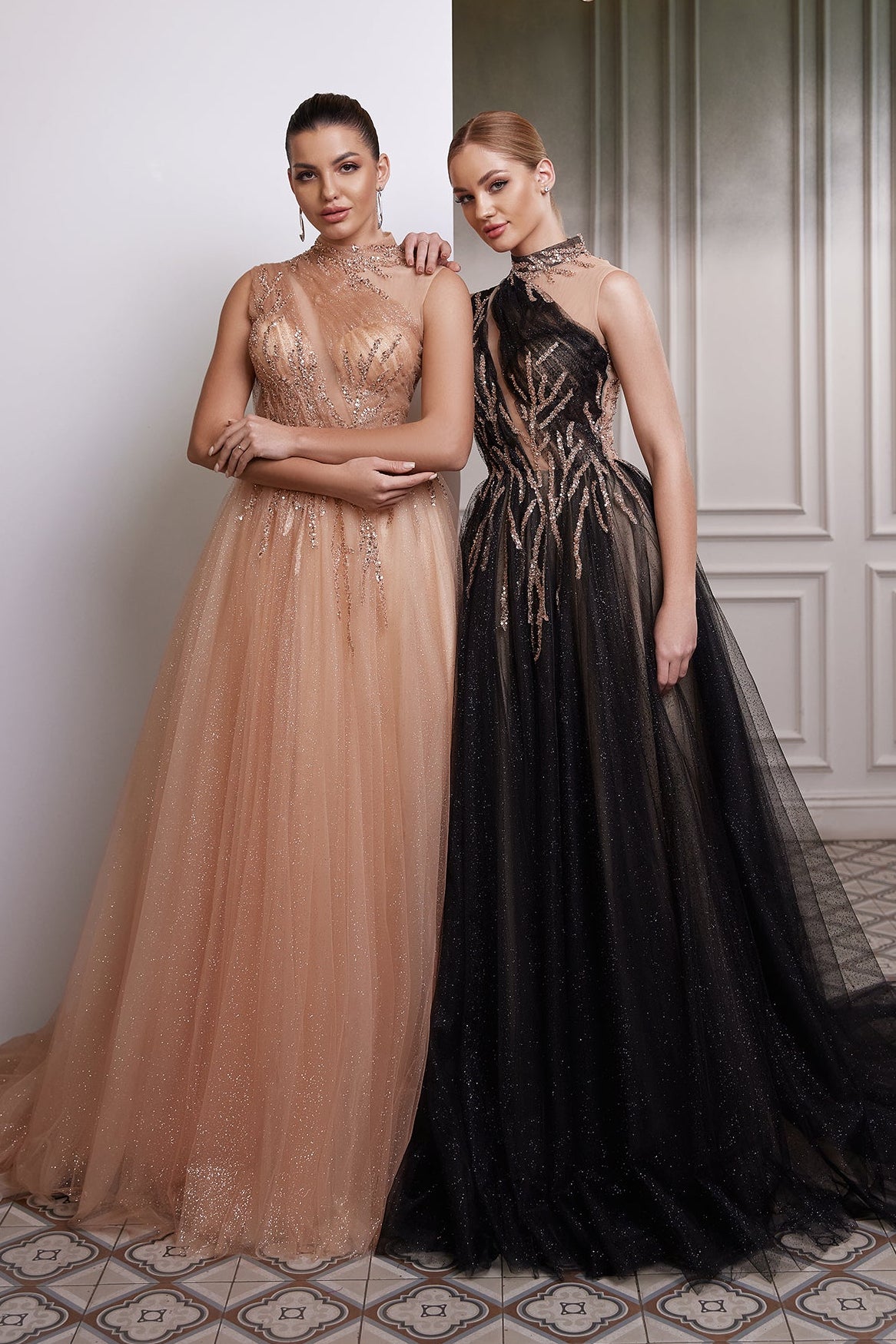 One shoulder illusion sparkle tulle evening gown