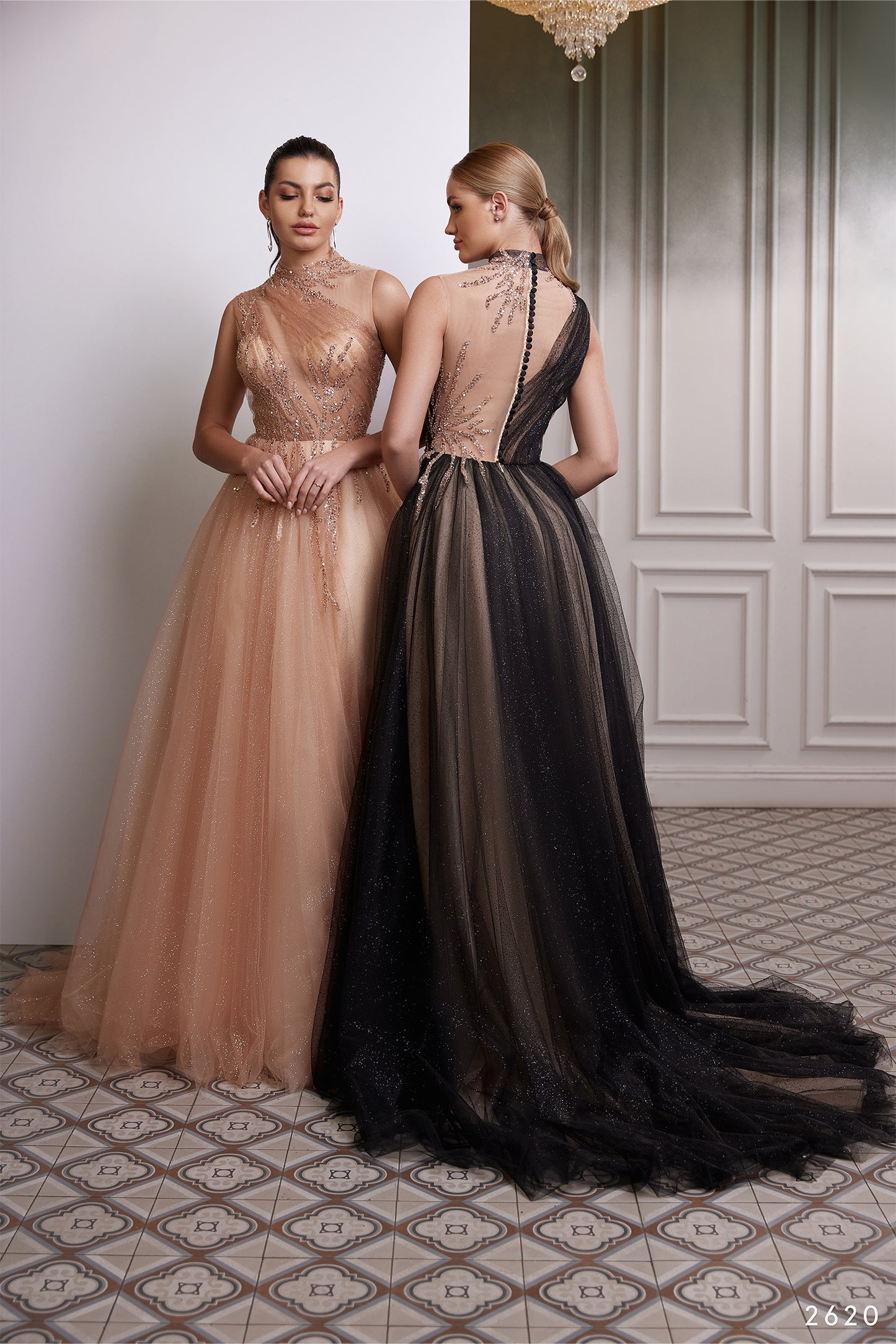 One shoulder illusion sparkle tulle evening gown