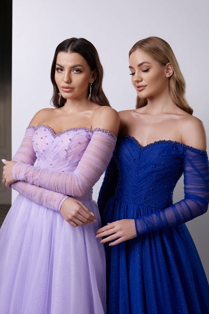 Off the shoulder beaded wedding guest dress