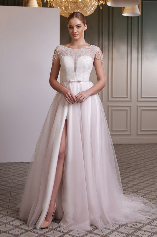 High slit a-line reception dress