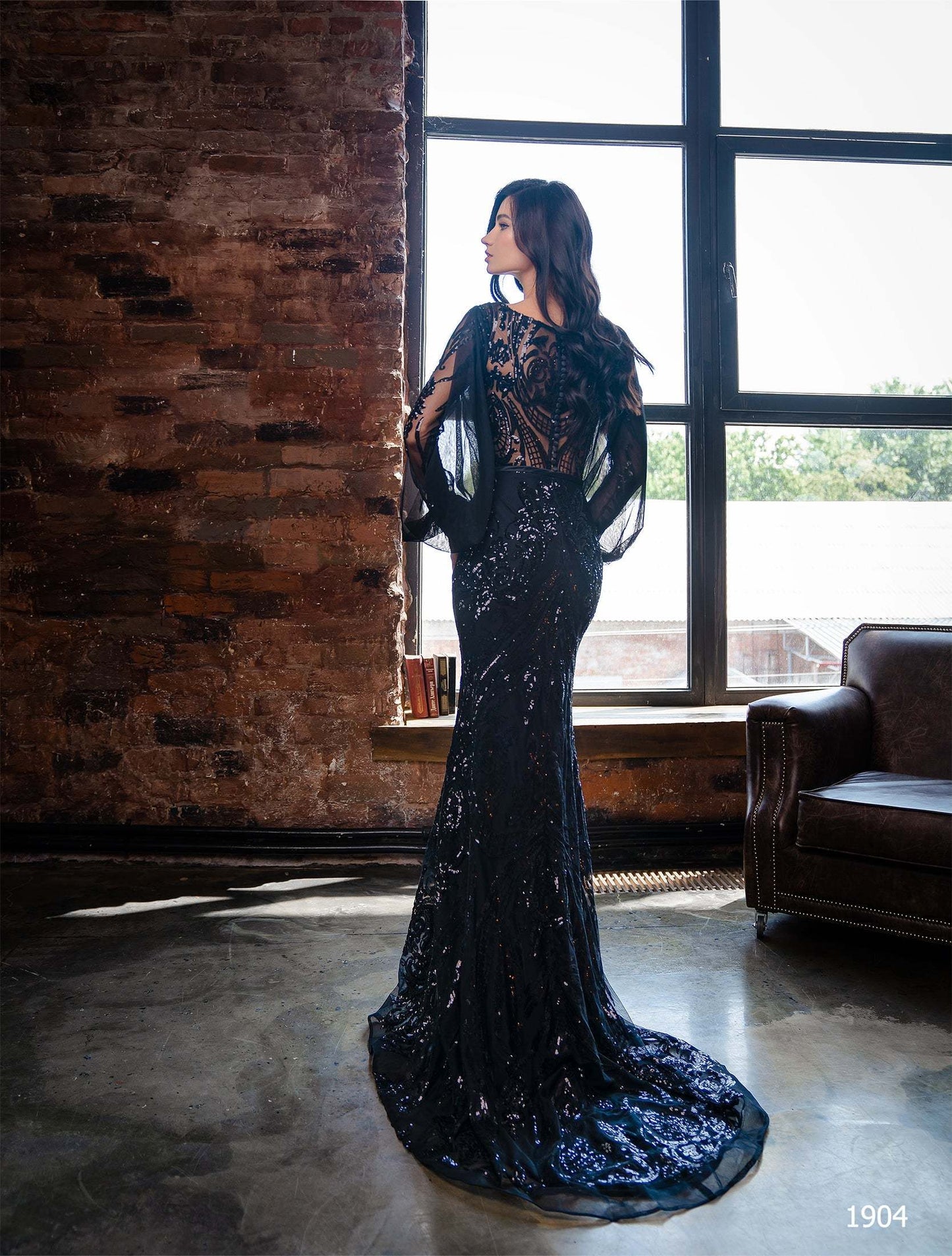 KatrinFAVORboutique-Black sequin long sleeve gown Designer lace dresses