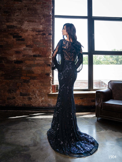 KatrinFAVORboutique-Black sequin long sleeve gown Designer lace dresses