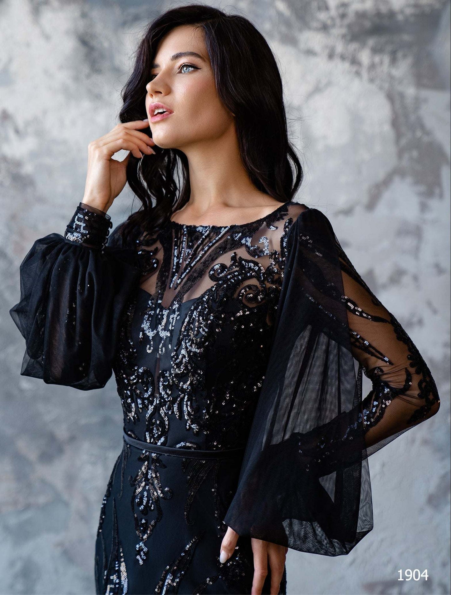 KatrinFAVORboutique-Black sequin long sleeve gown Designer lace dresses