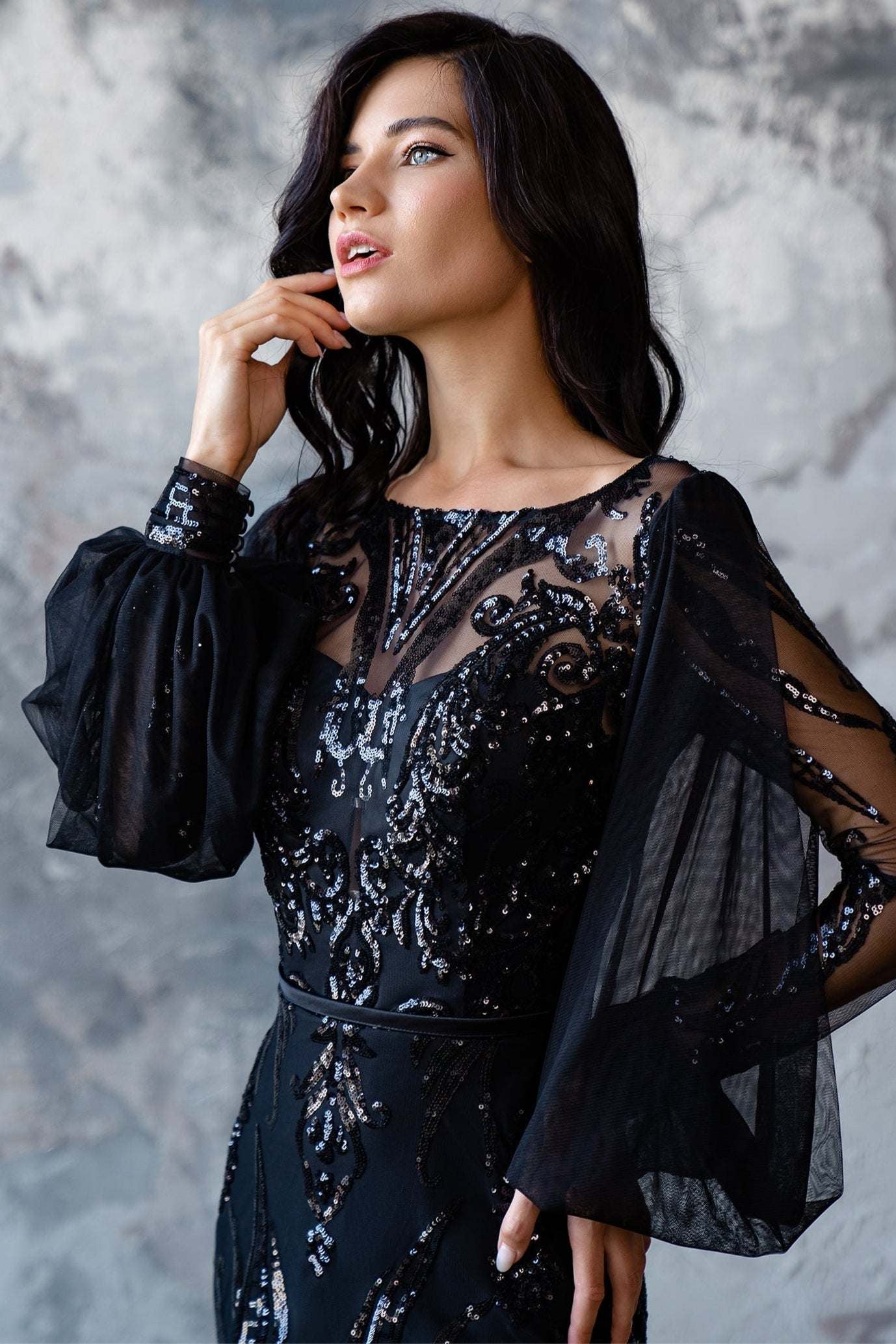 Black Sequin Long Sleeve Gown | Designer Lace Dresses