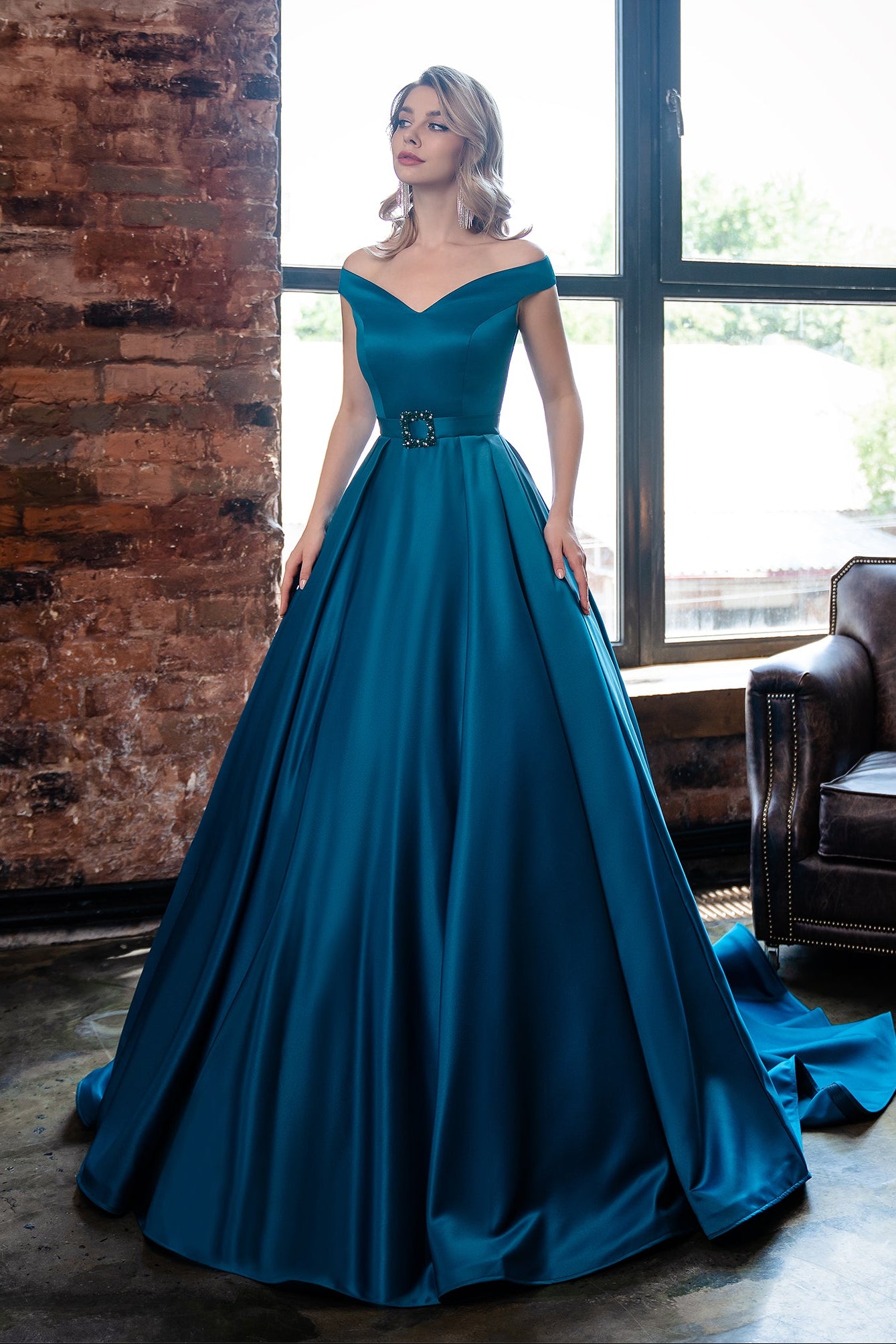 Off the shoulder satin wedding guest dress