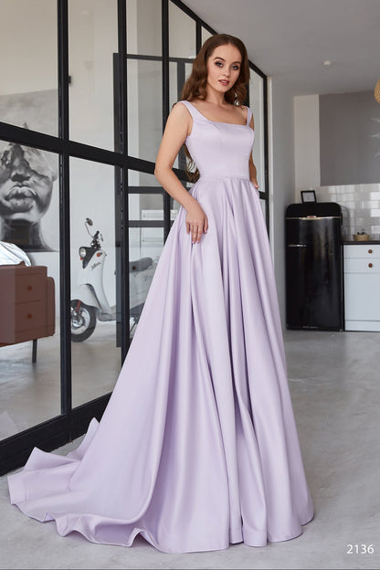 Square neck satin evening gown