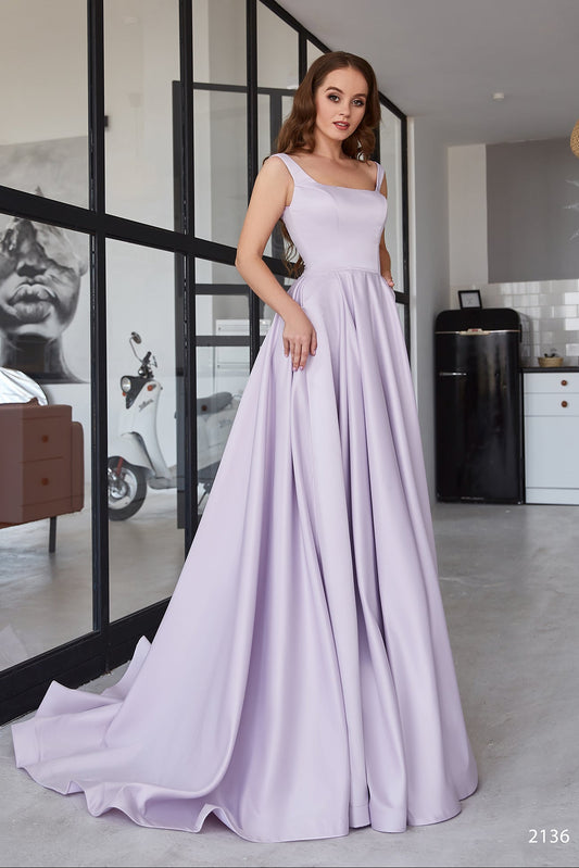 Square neck satin evening gown