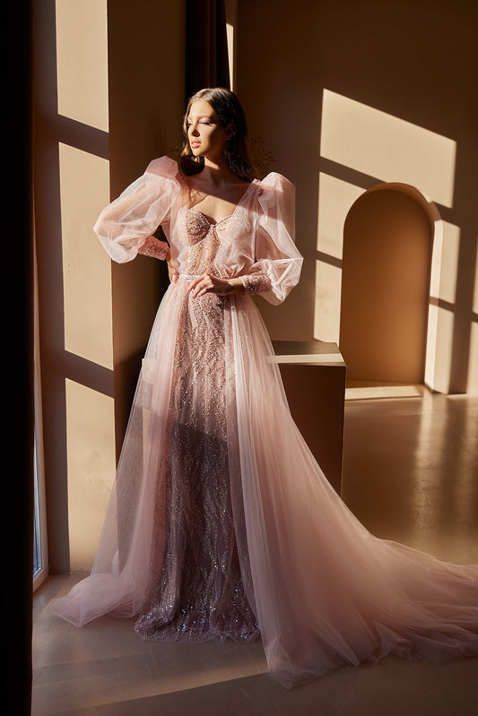 Pink color wedding dress with puffy long sleeves evening gown