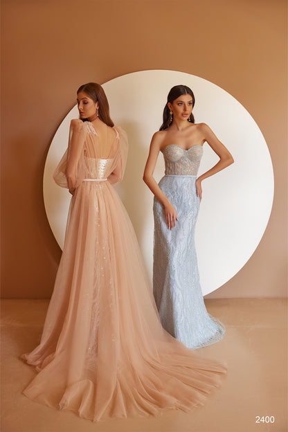 Pink color wedding dress with puffy long sleeves evening gown