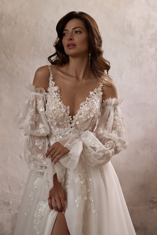 KatrinFAVORboutique-Off the shoulder balloon sleeve wedding dress 2 in 1 wedding gown