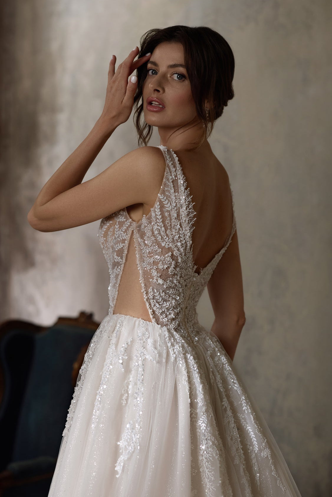 wedding dresses cream Bridal dress low back | Model Melita floor Color Wedding Dress Shopping Timeline: Color:Heathered Blue