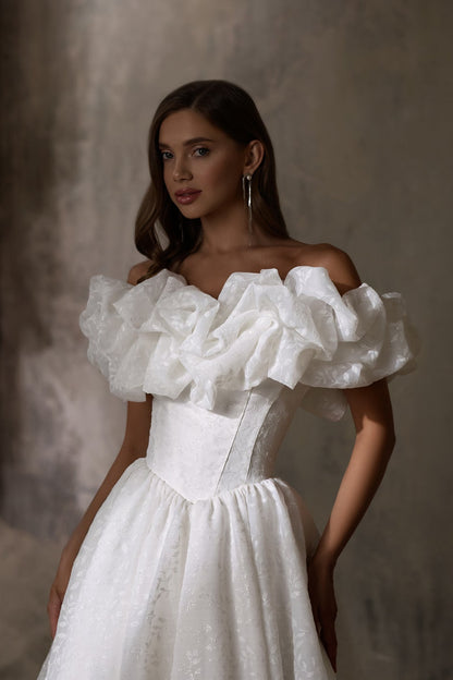 KatrinFAVORboutique-Floral sleeve wedding dress Satin a line wedding gown