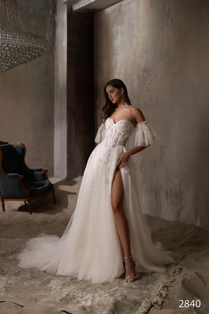 KatrinFAVORboutique-Floral sleeve wedding dress Satin a line wedding gown